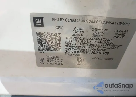 2018 Chevrolet Equinox Premier z USA, uszkodzony, nr VIN 2GNAXMEV4J6302189